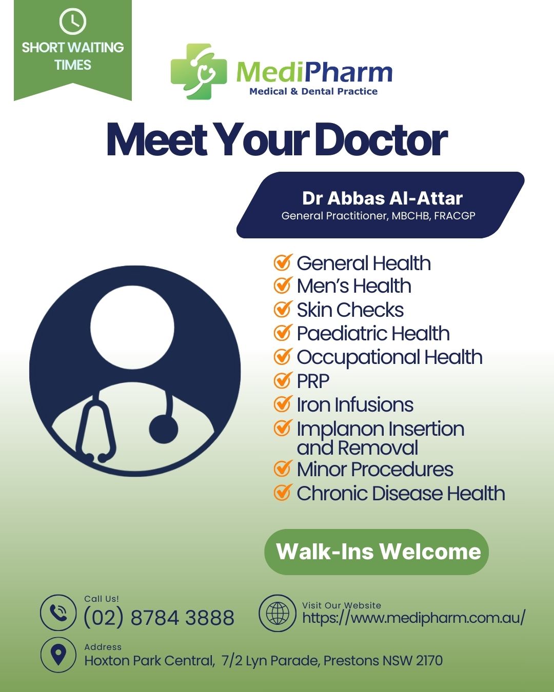 MediPharm Hoxton Park Central Facebook ad: Prestons GP-Short Wait Times, Walk-Ins Welcome