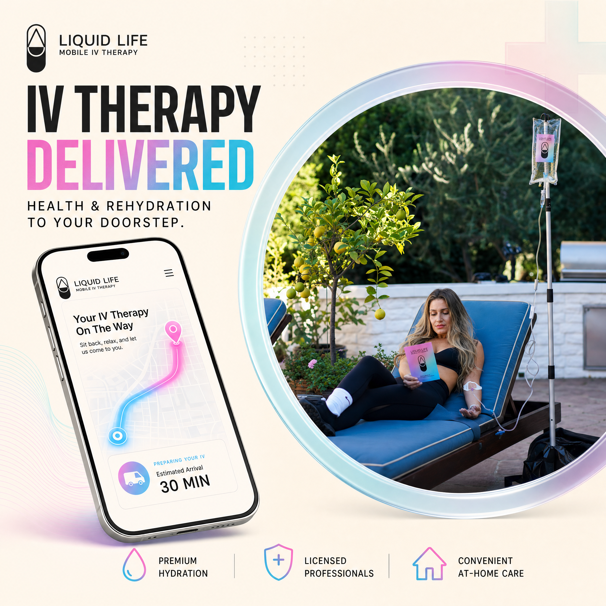Liquid Life Mobile IV Therapy Facebook ad: Peak Immunity, Delivered On-Demand