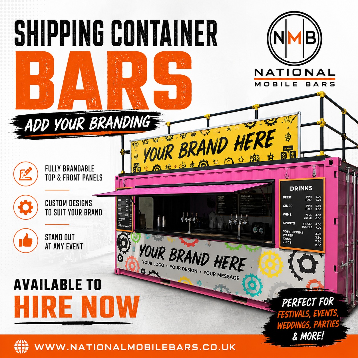 National Mobile Bars Facebook ad: BRANDED SHIPPING CONTAINER BAR HIRE