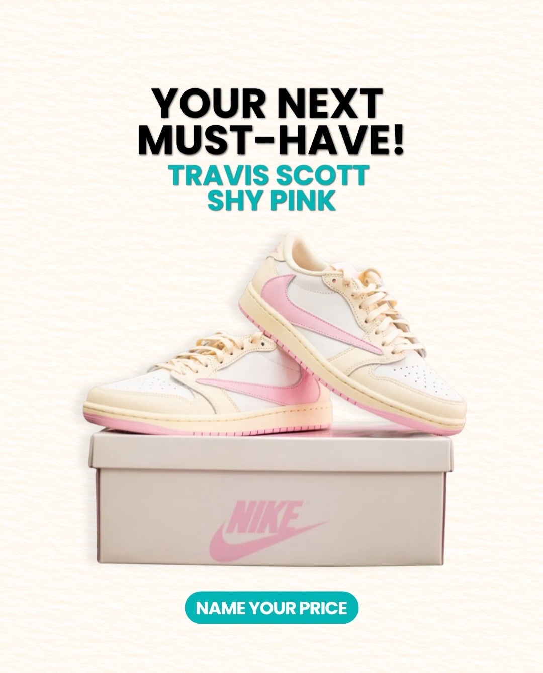 HouseofStox Facebook ad: Just dropped: the Travis Scott Shy Pink.