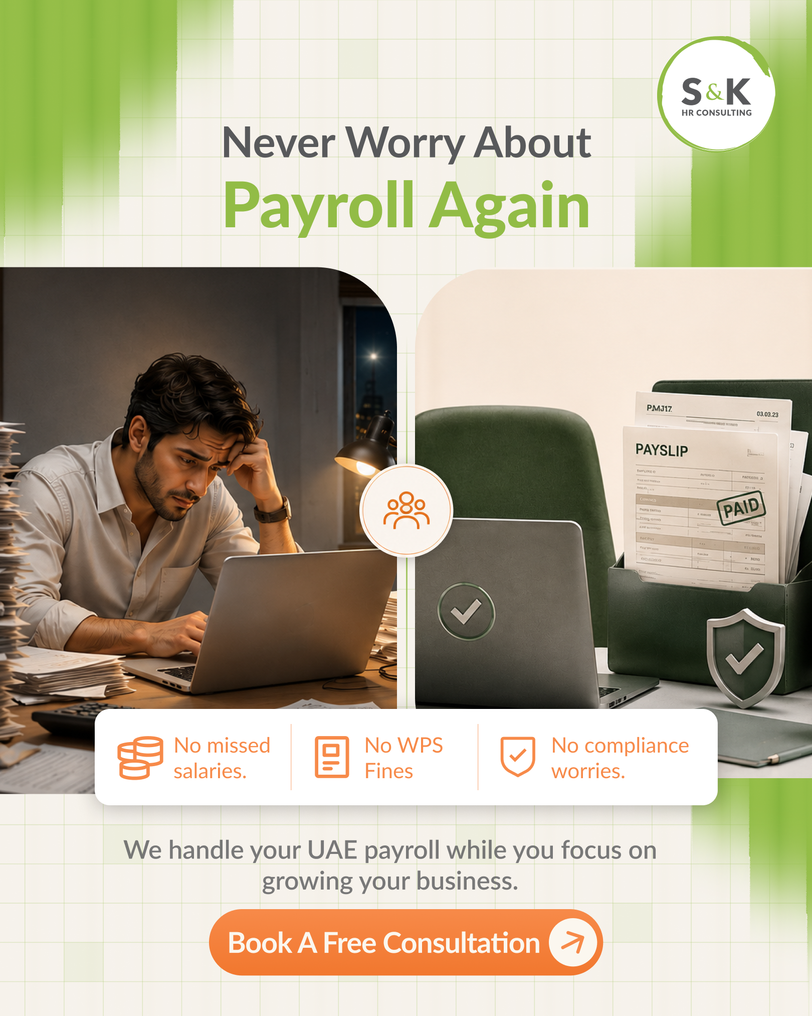 S&K HR Consulting Facebook ad: Stress-Free UAE Payroll