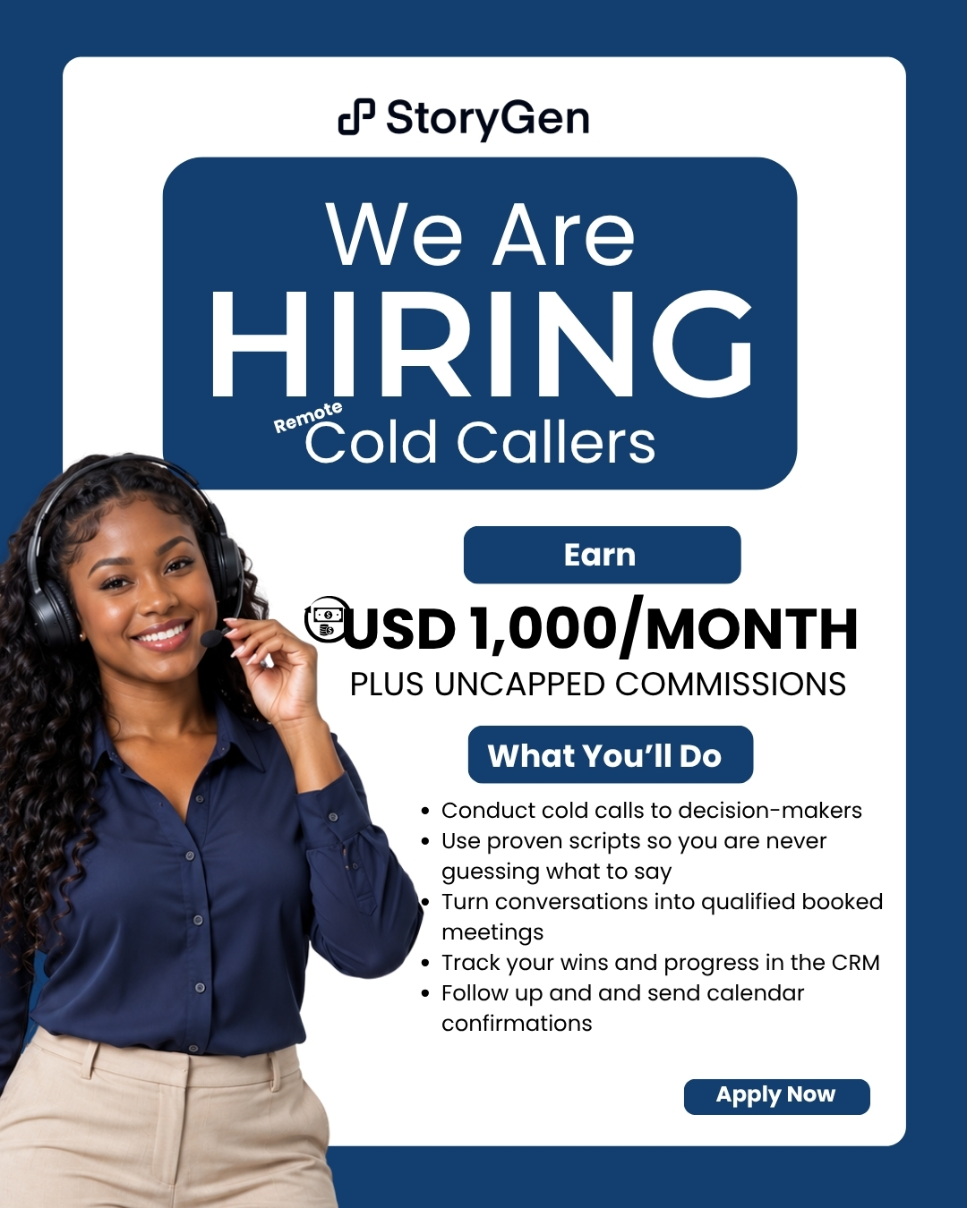 StoryGen Facebook ad: Tired of doing cold calls every day for low pay?