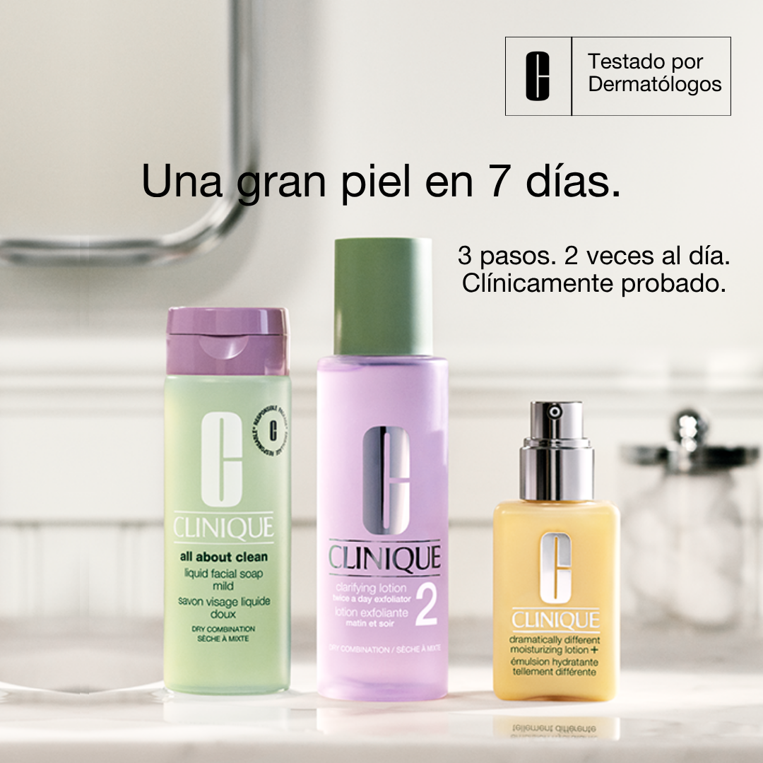 Clinique Facebook ad: Una gran piel empieza en 7 días: 3…