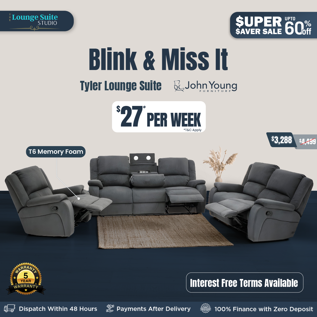 The Lounge Suite Studio Facebook ad: Super Saver Sale | Upto 60% Off | Buy Now