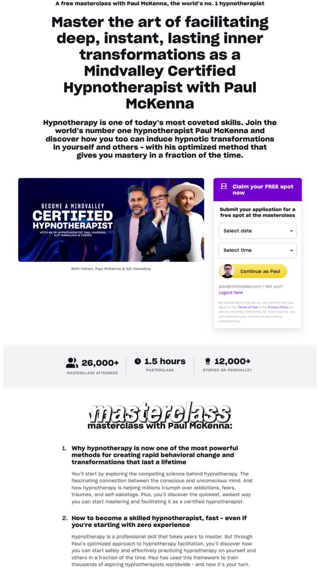 Mindvalley Facebook ad: Become a Hypnotherapist Online | Free Masterclass