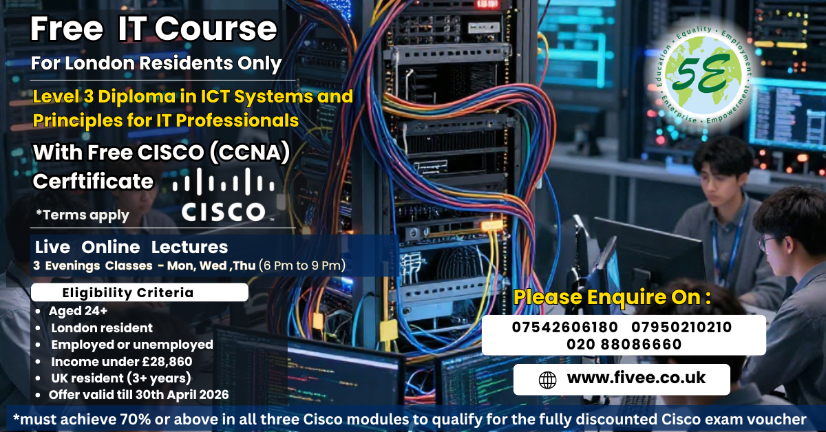 5E Courses Facebook ad: Free IT Course for London Residents-Level 3 Diploma +…