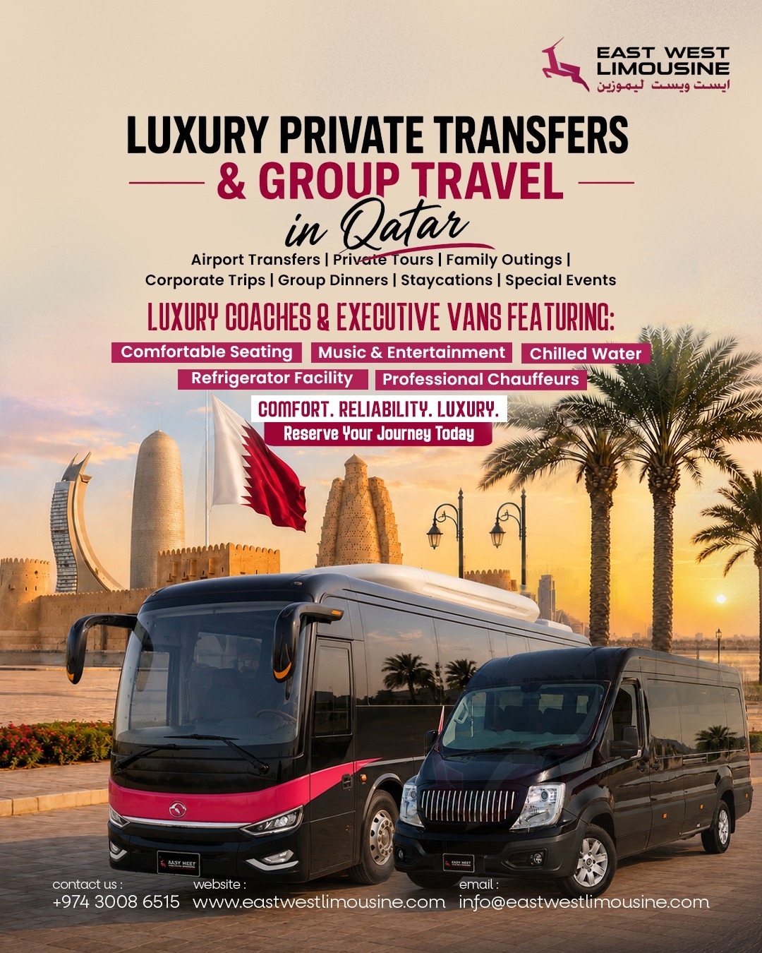 East West Limousine Facebook ad: Luxury Private Transfers & Group Travel in Qatar