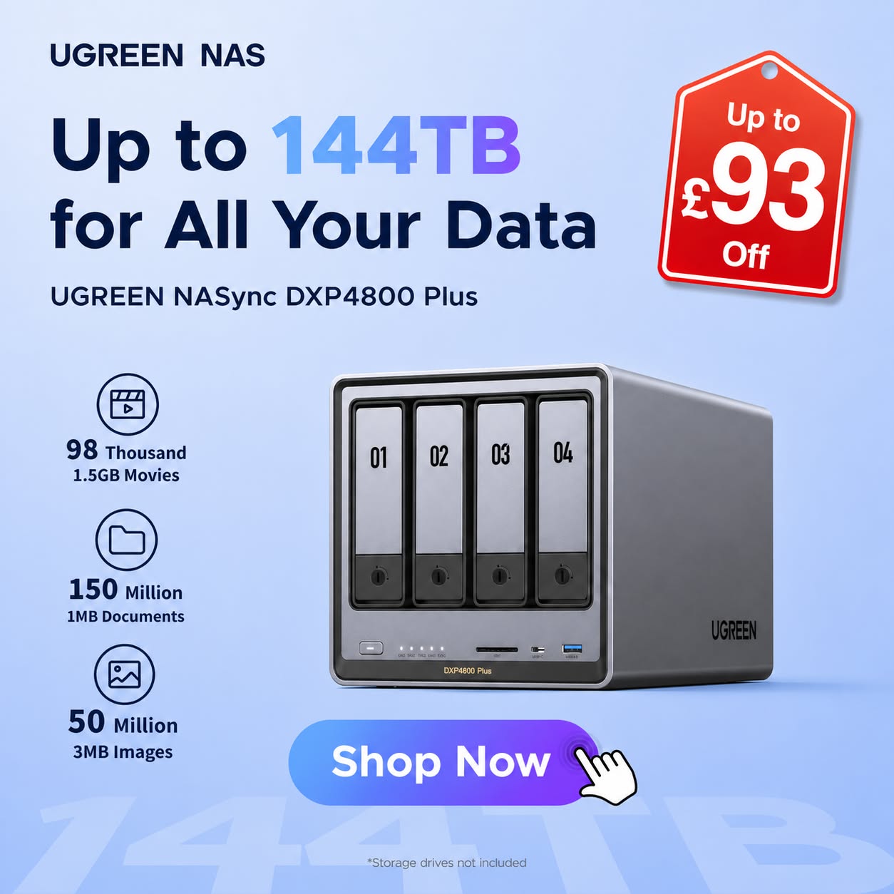 Ugreen NASync UK Facebook ad: Up to 144TB Private Cloud: Save £93 Today!