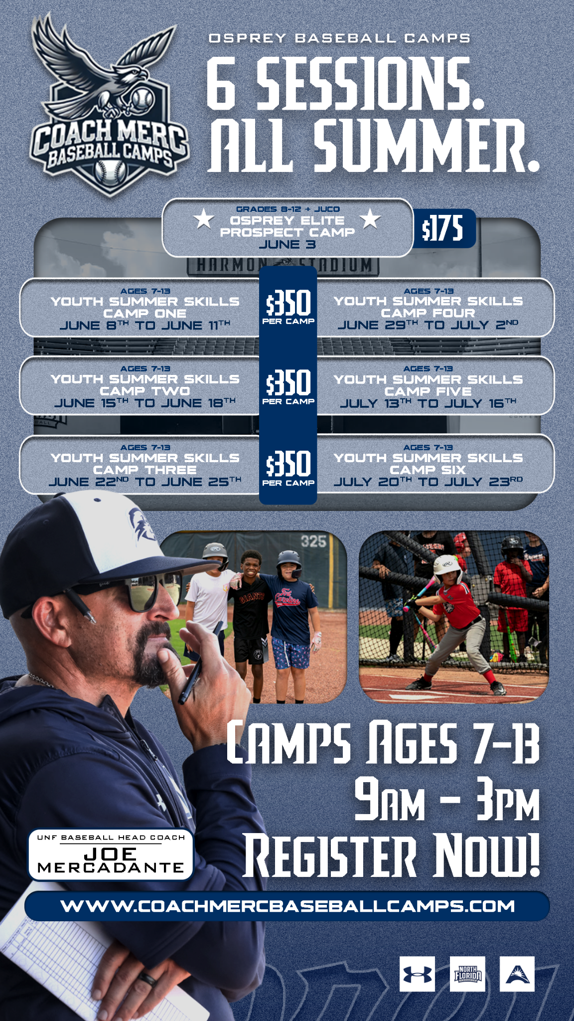Osprey Baseball Camps With Coach Merc Facebook ad: Real D1 UNF Coaching. Ages 7-13.