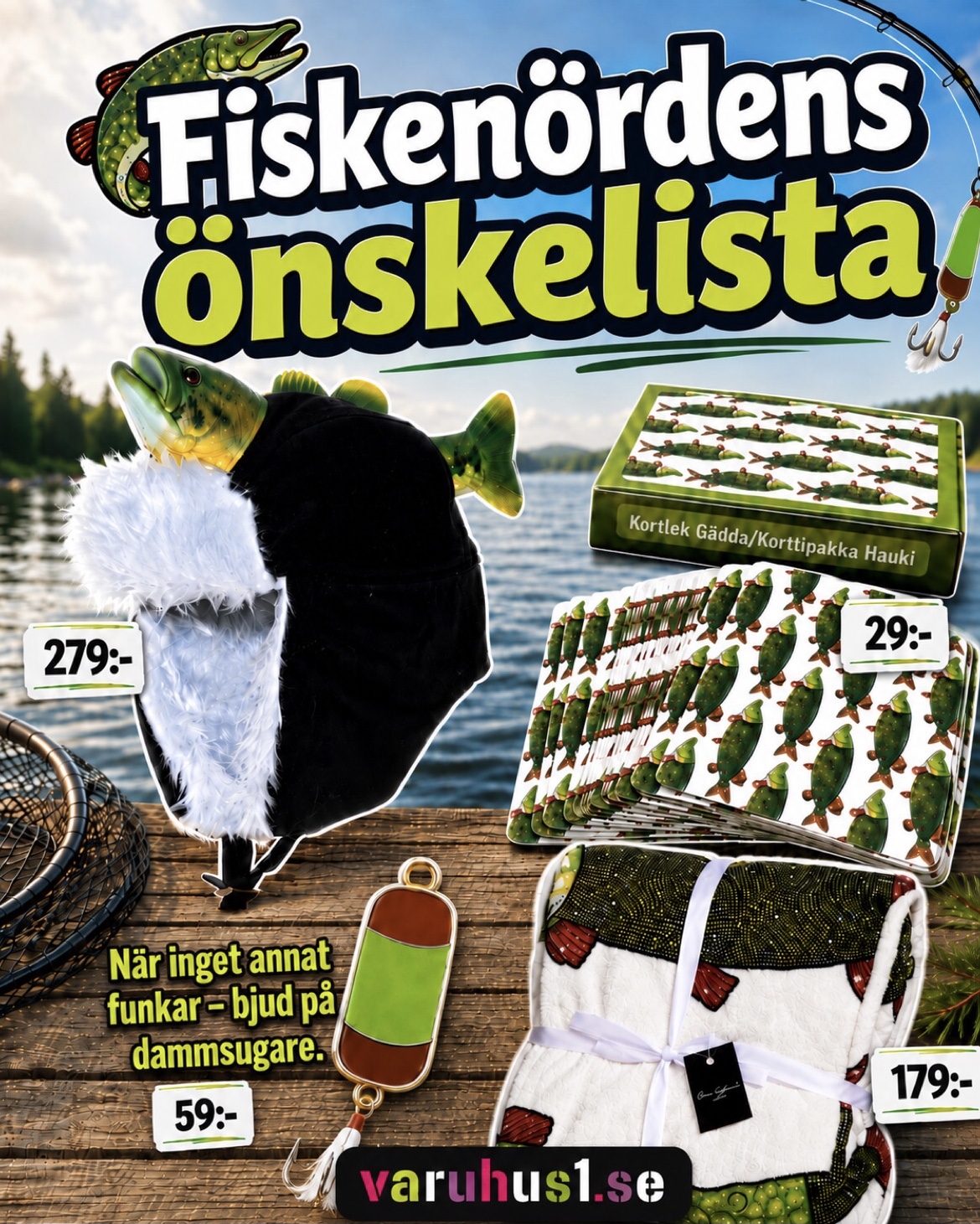 Varuhus1 Facebook ad: Handla roliga fiskeprylar idag!