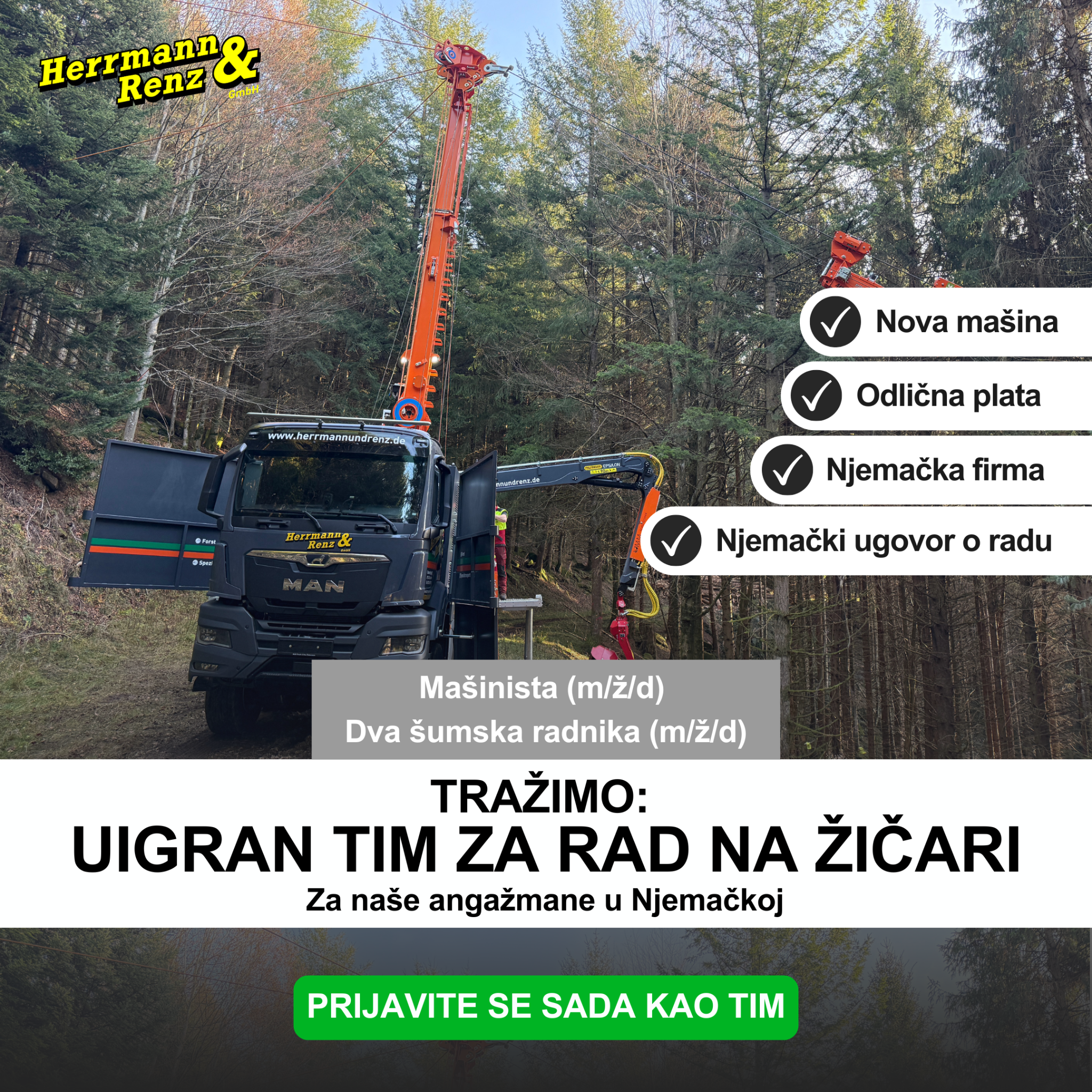 Herrmann & Renz GmbH Facebook ad: Tražimo dobro uigran šumarski tim i rukovaoca žičare