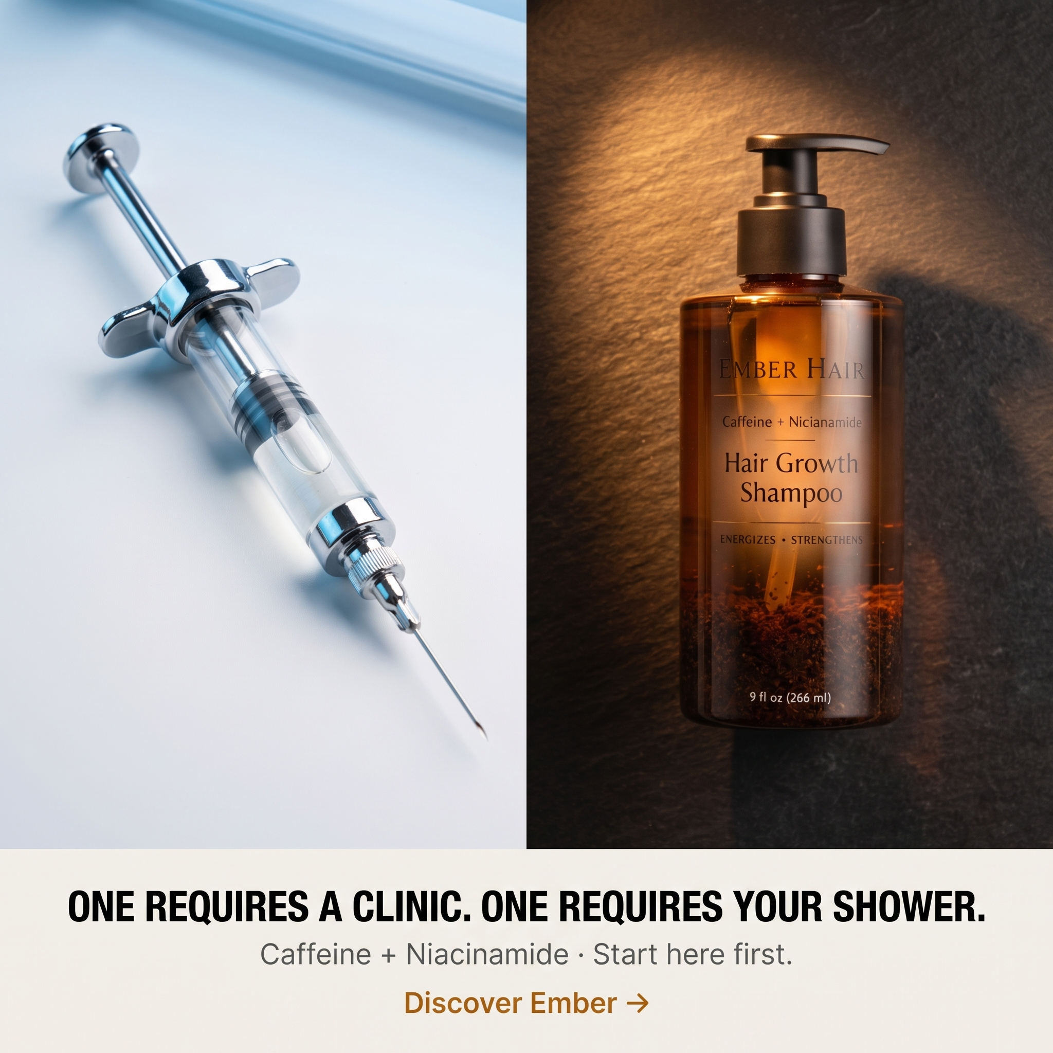 Ember Hair Co. Facebook ad: PRP costs $3,500 a year. Your shower costs a lot less.