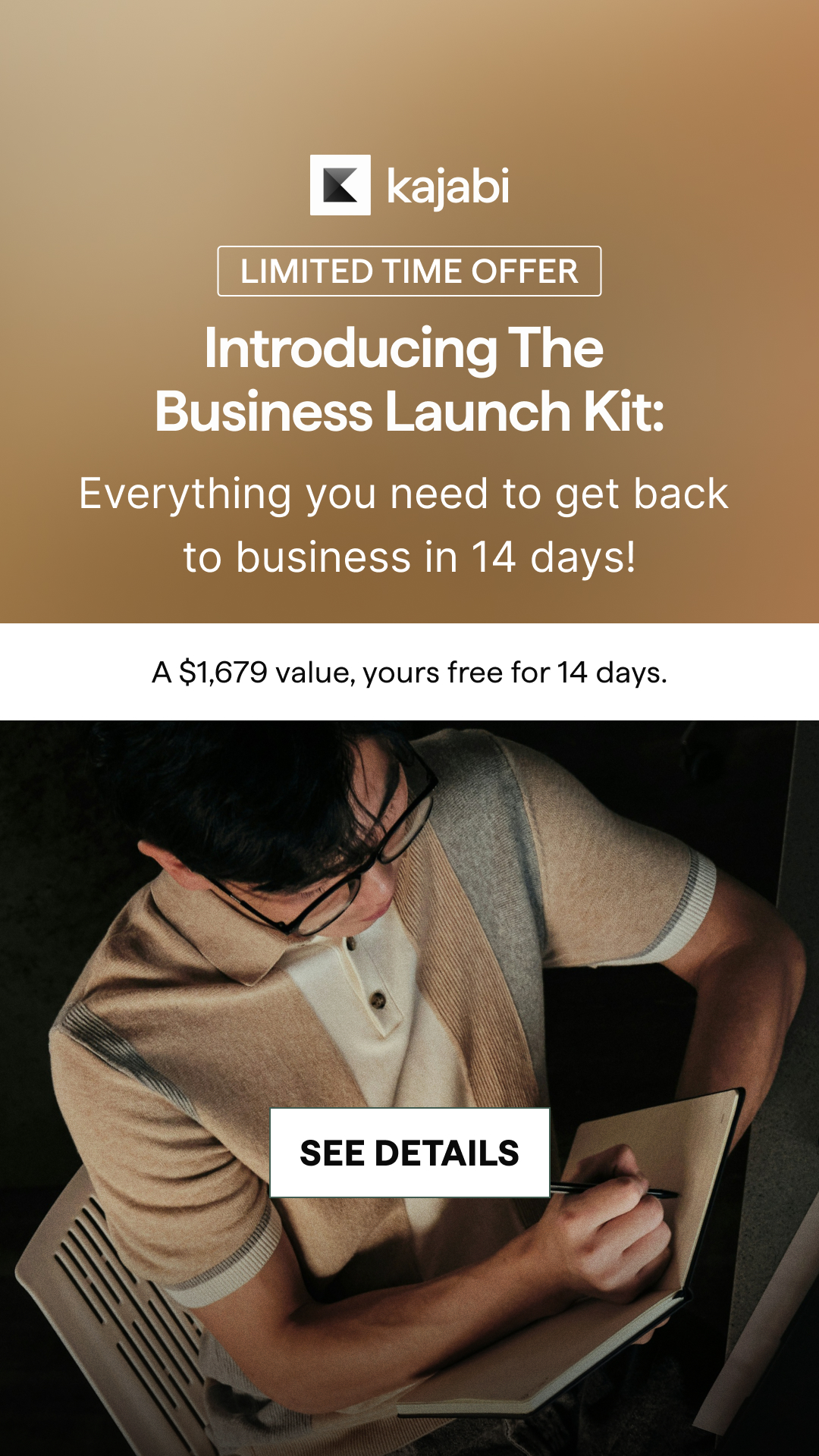 Kajabi Facebook ad: From Outline to First Sale in 14 Days: Enrollment Closes…
