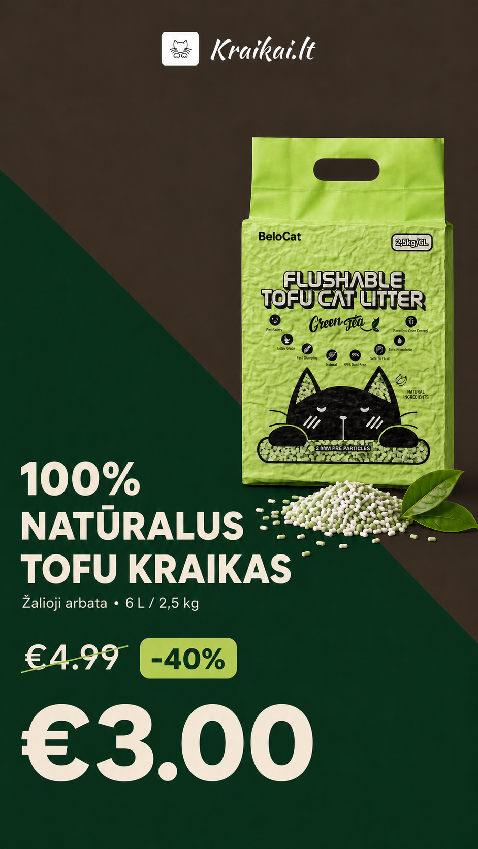 kraikai.lt Facebook ad: FLUSHABLE tofu kraikas -40%