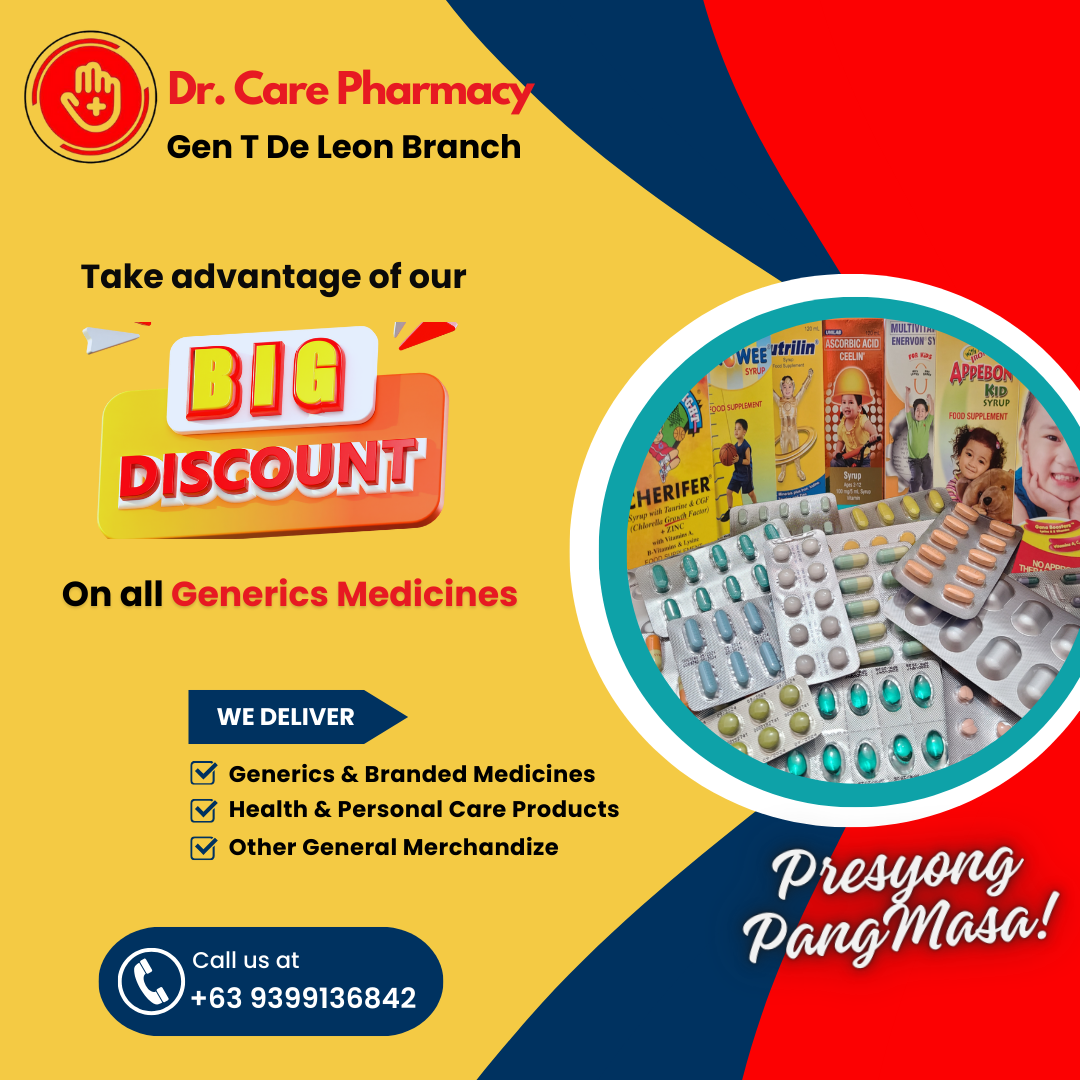 Dr. Care Gen T De Leon Pharmacy Facebook ad: BIG discount on generics product