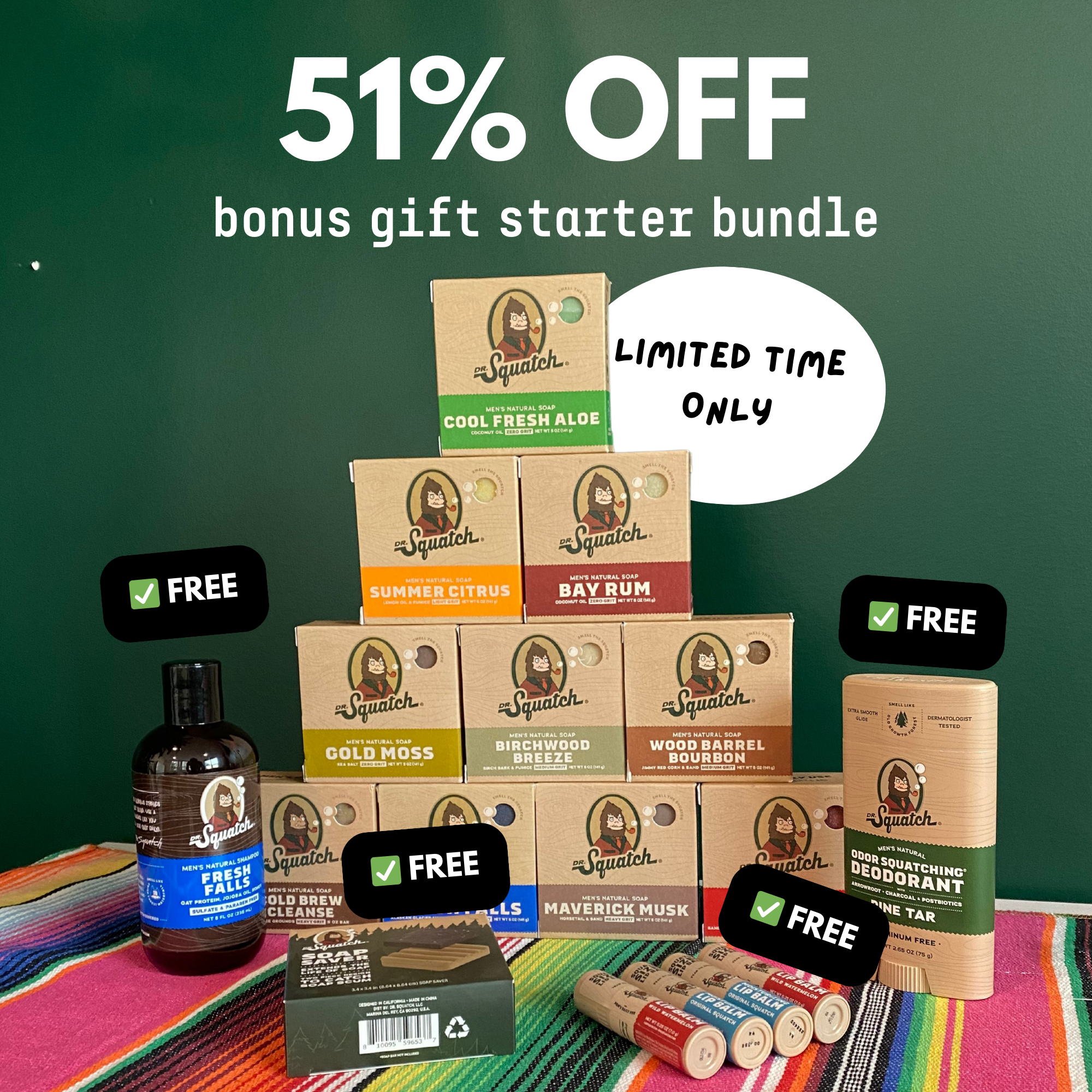 Dr. Squatch Facebook ad: Save Up To 51% 4 FREE Gifts