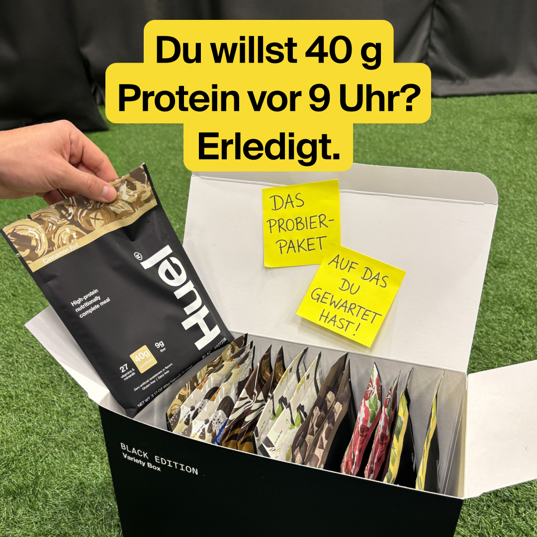 Huel Facebook ad: Keine Zeit zum Kochen? Entdecke Huel Black Edition.