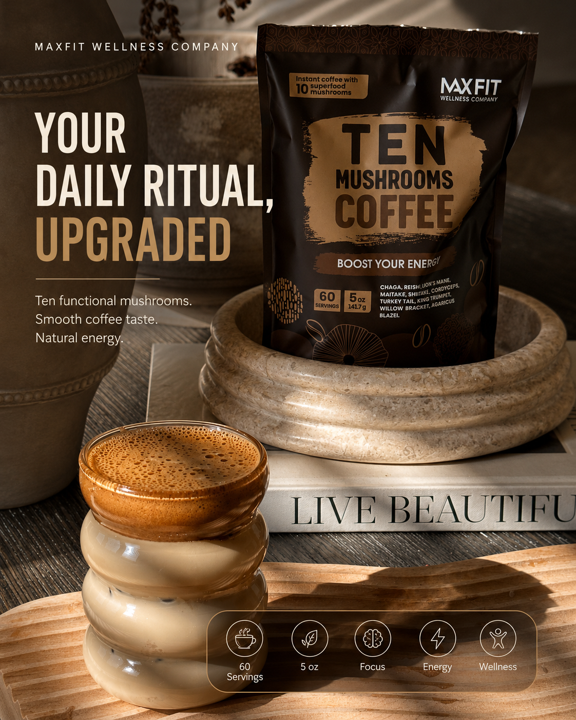 Max Fit Wellness Facebook ad: Instant Mushroom Coffee