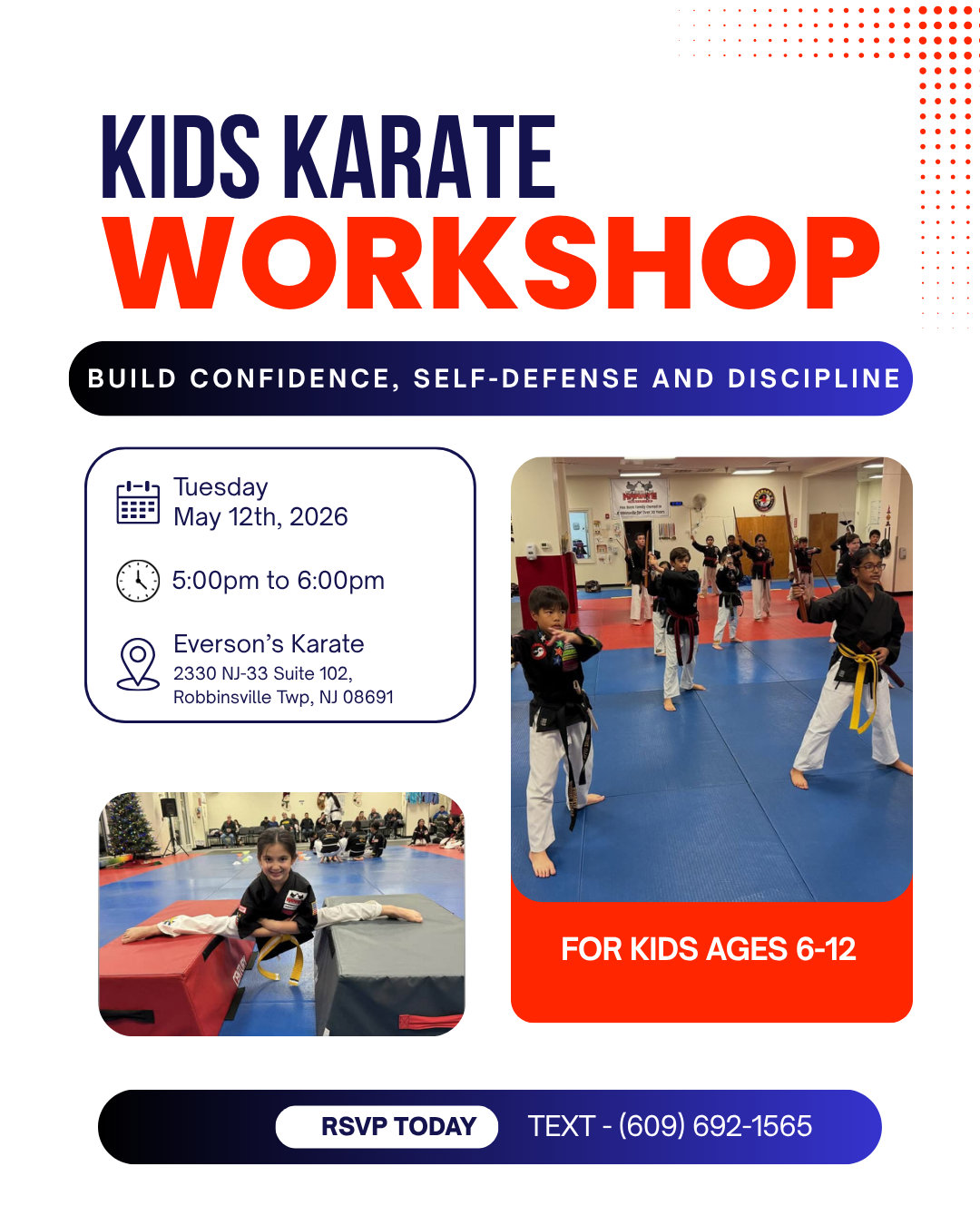 Everson's Karate Institute Robbinsville Facebook ad: Kids Karate & Self-Defense Workshop - You’re Invited!
