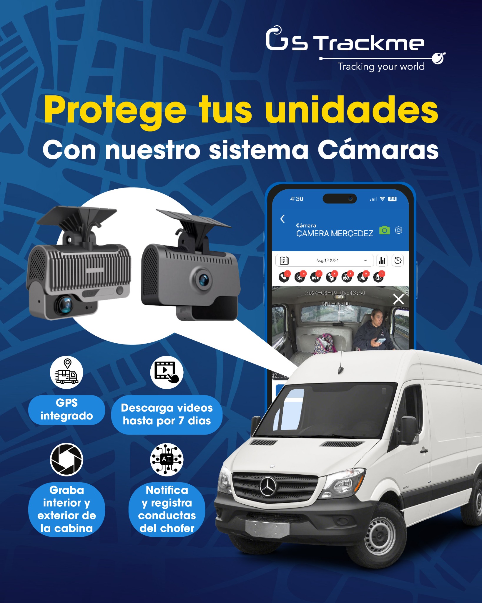 GS Trackme México Facebook ad: Tu flotilla en la palma de tu mano 24/7
