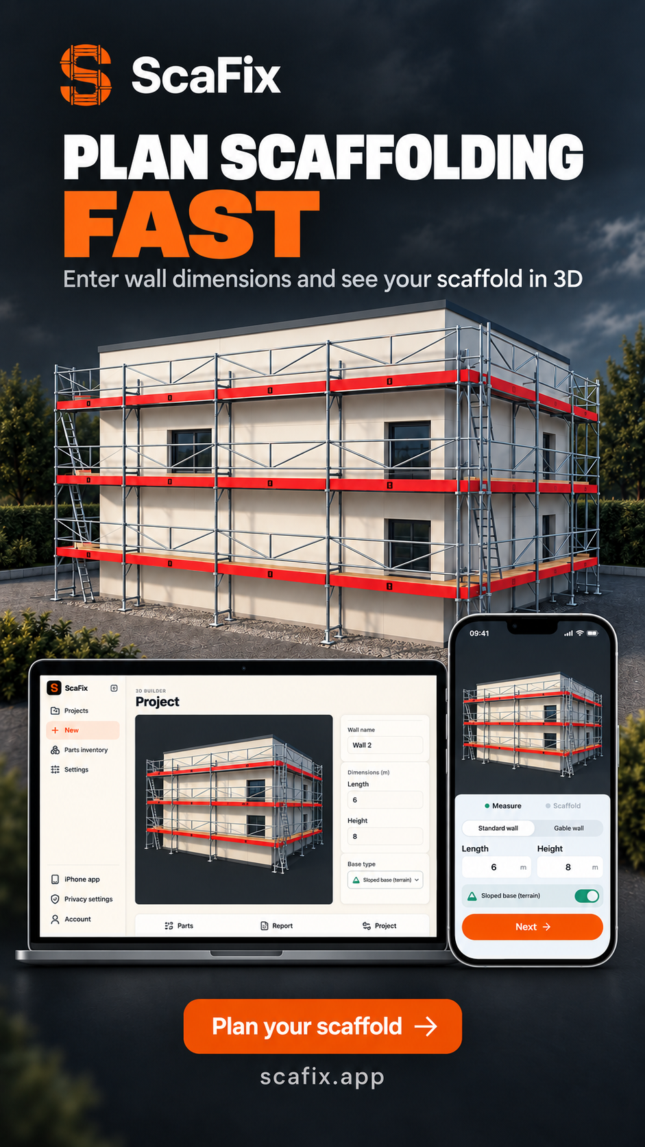 ScaFix Facebook ad: Wall dimensions in. Parts list out.