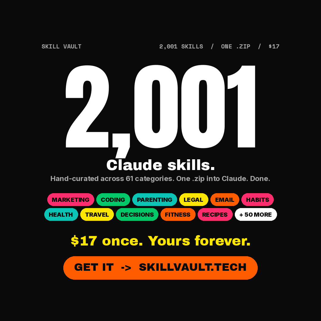 Skill Vault Facebook ad: 2,001 Claude Skills, One File
