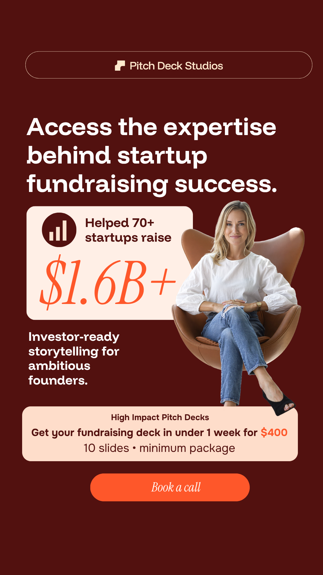 Pitch Deck Studios Facebook ad: Book a discovery call with our team.