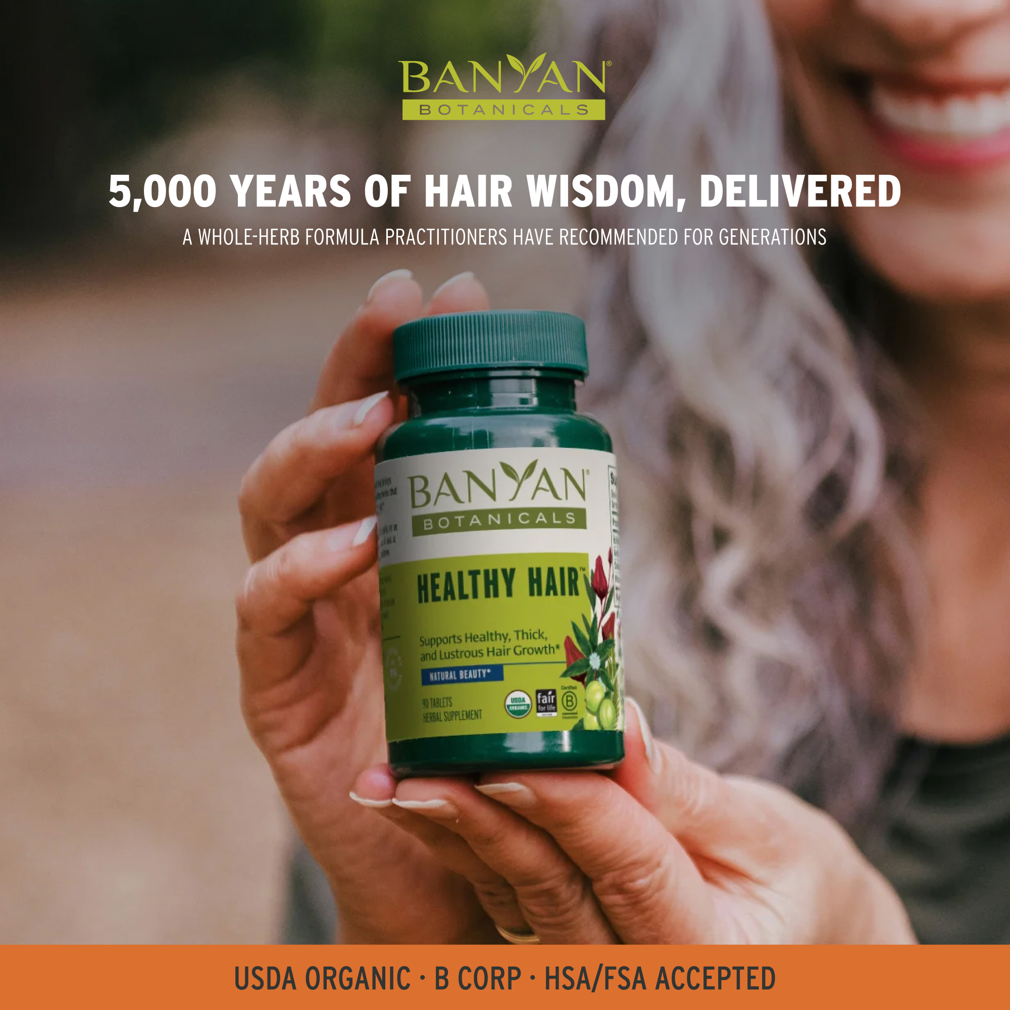 Banyan Botanicals Facebook ad: 5,000 years of hair wisdom, in a daily tablet