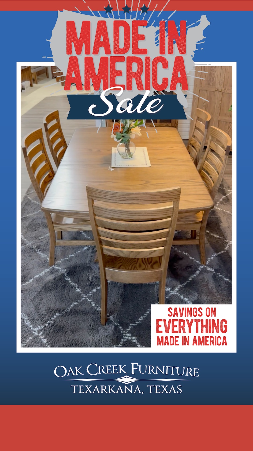 Oak Creek Furniture & Pantry Facebook ad: This month SAVE on everything MADE IN AMERICA!