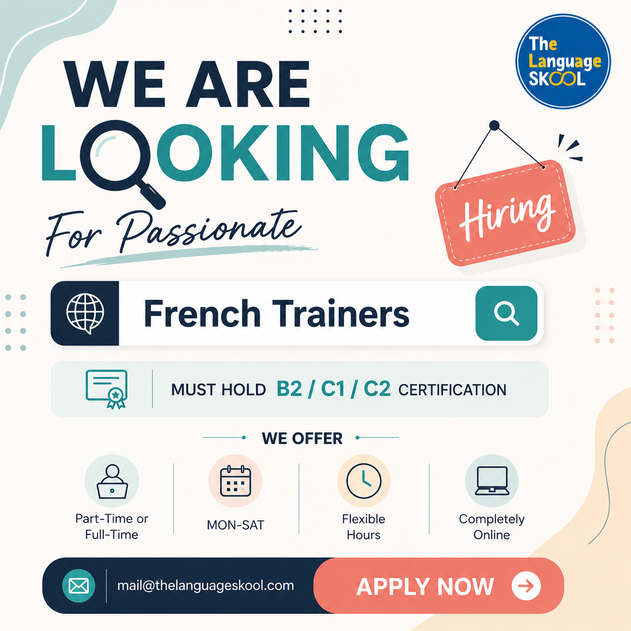 The Language SKOOL - Online Facebook ad: TLS is hiring French language experts to teach & earn from…