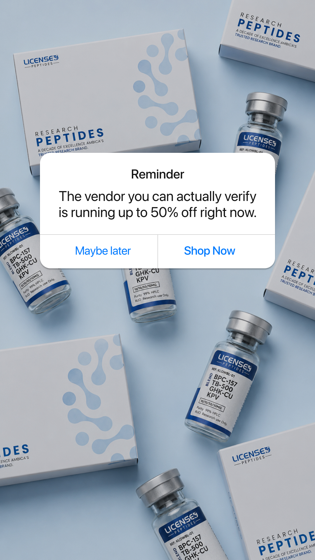 LicensedResearch.com Facebook ad: EVERY PEPTIDE DISCOUNTED, SALE ENDS SOON