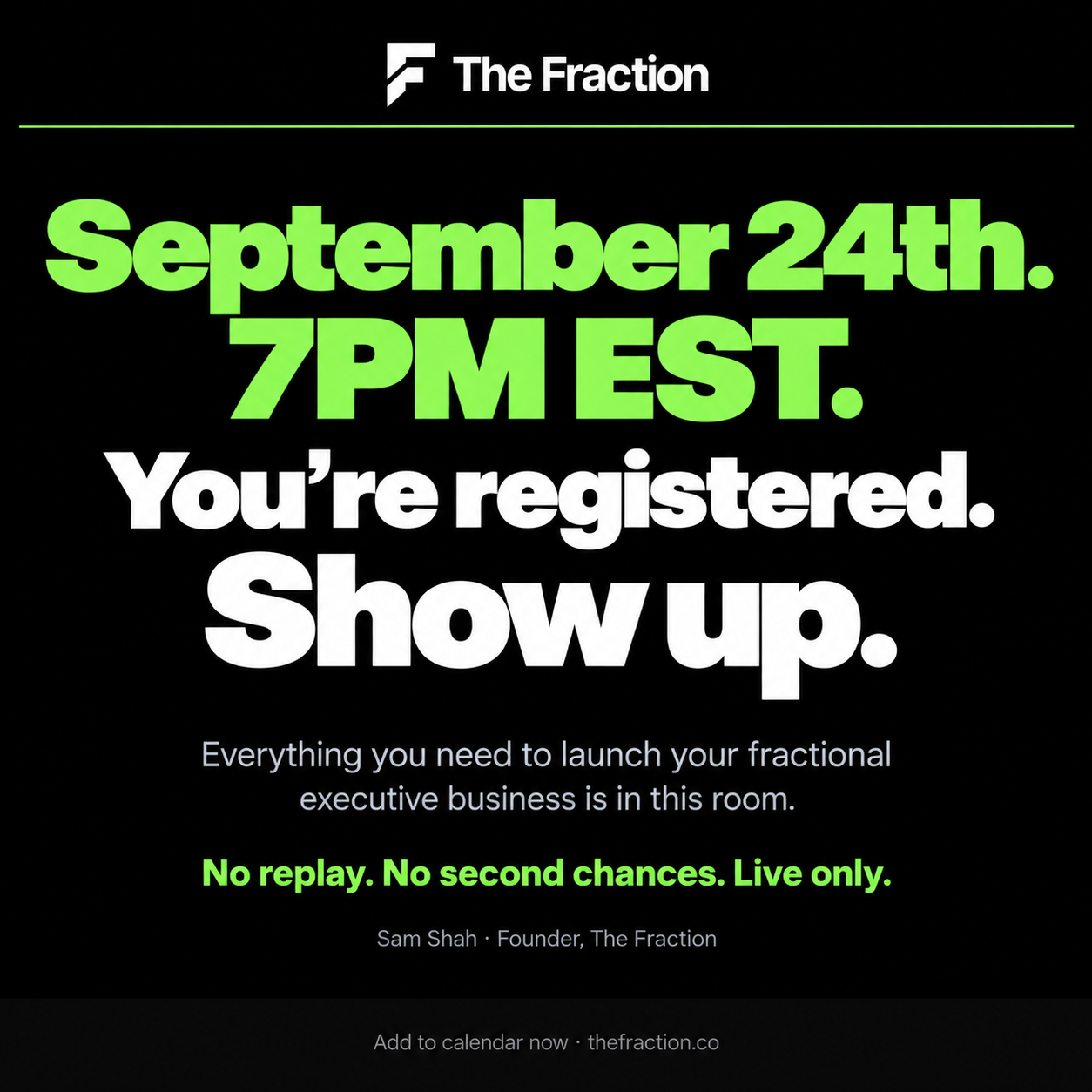 The Fraction Facebook ad: You're registered. Don't miss this.