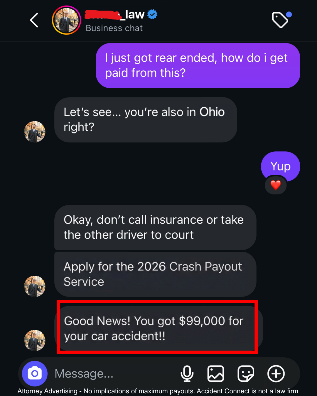 Accident Connect US Facebook ad: Major Cash Compensation for Ohio Residents