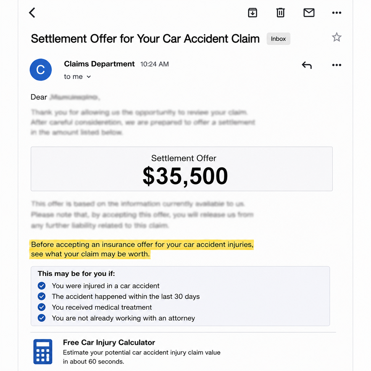 Car Injury Calculator Facebook ad