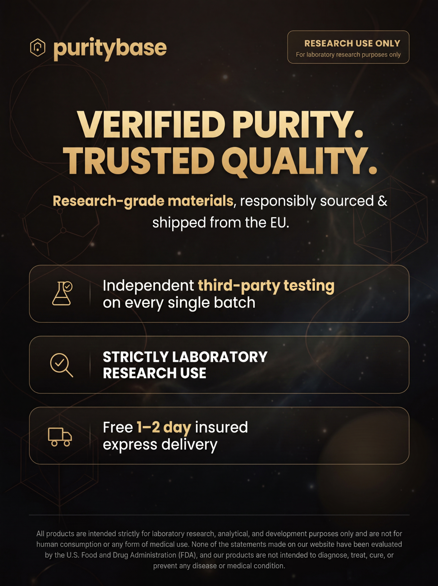 PurityBase Facebook ad: ≥99% purity. Independently tested. Research Only