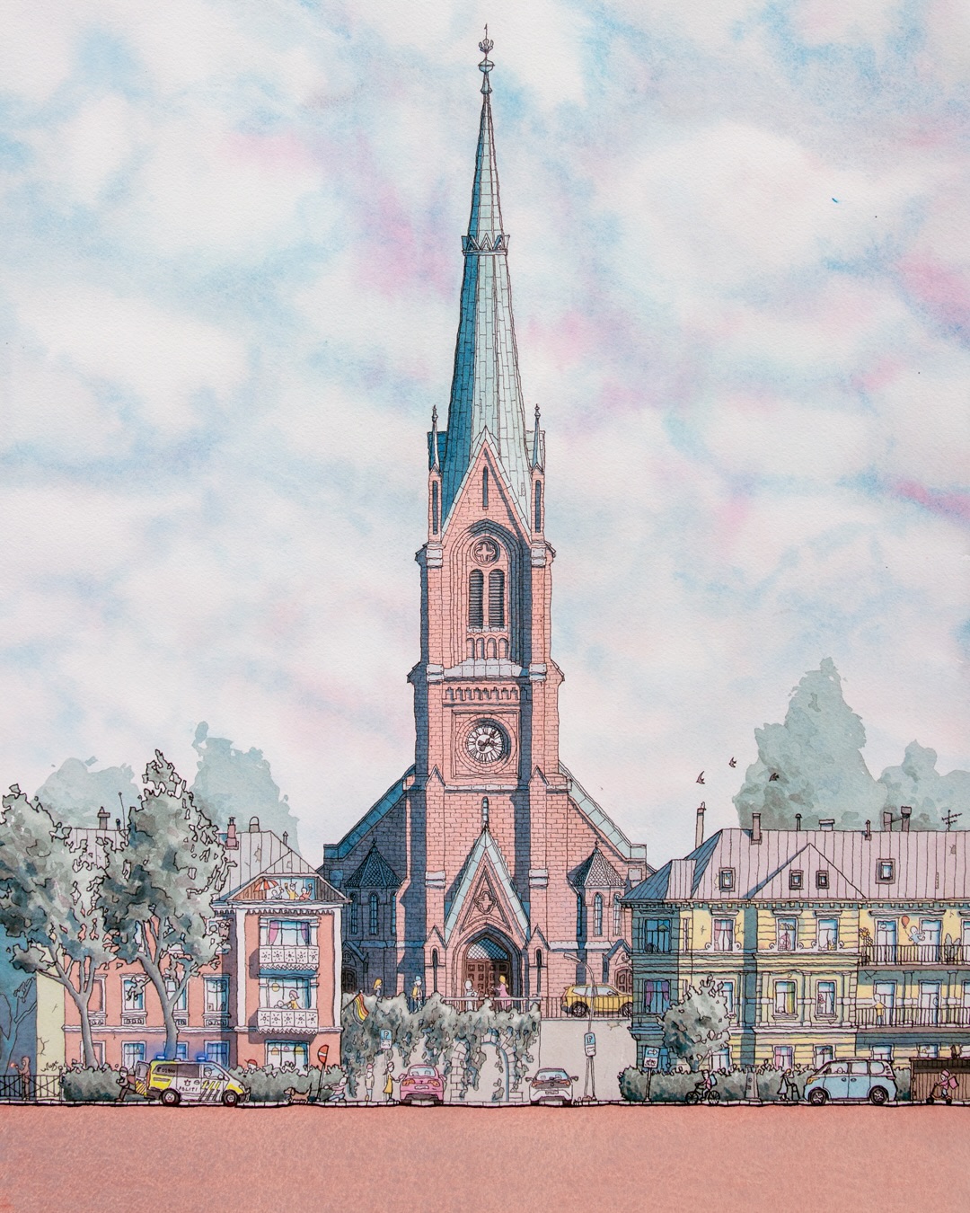 Vannfarger Facebook ad: Uranienborg kirke malt med akvarell.