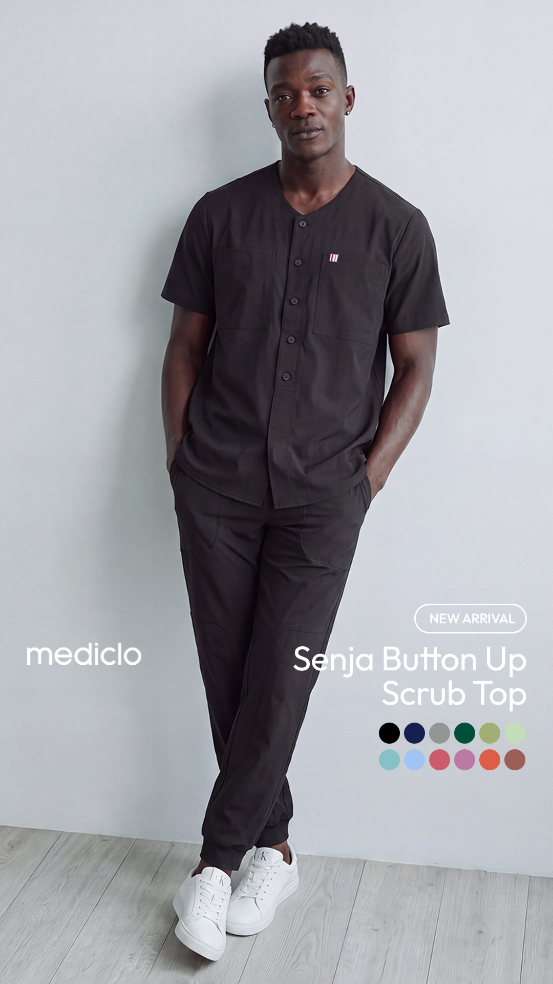 Shopmediclo Facebook ad: The Senja Button Up Scrub Top