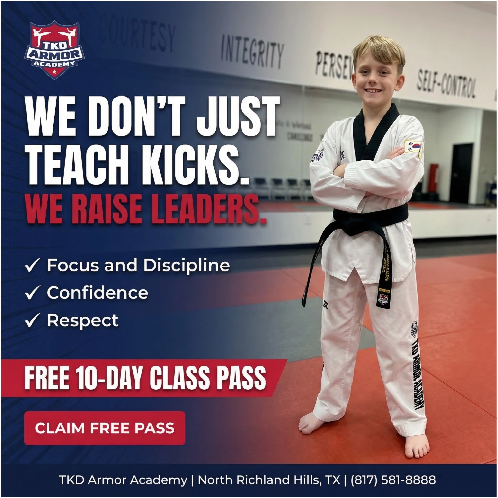 TKD Armor Academy Facebook ad: Want a FREE 10-Day, Kids Martial Arts Class Pass?
