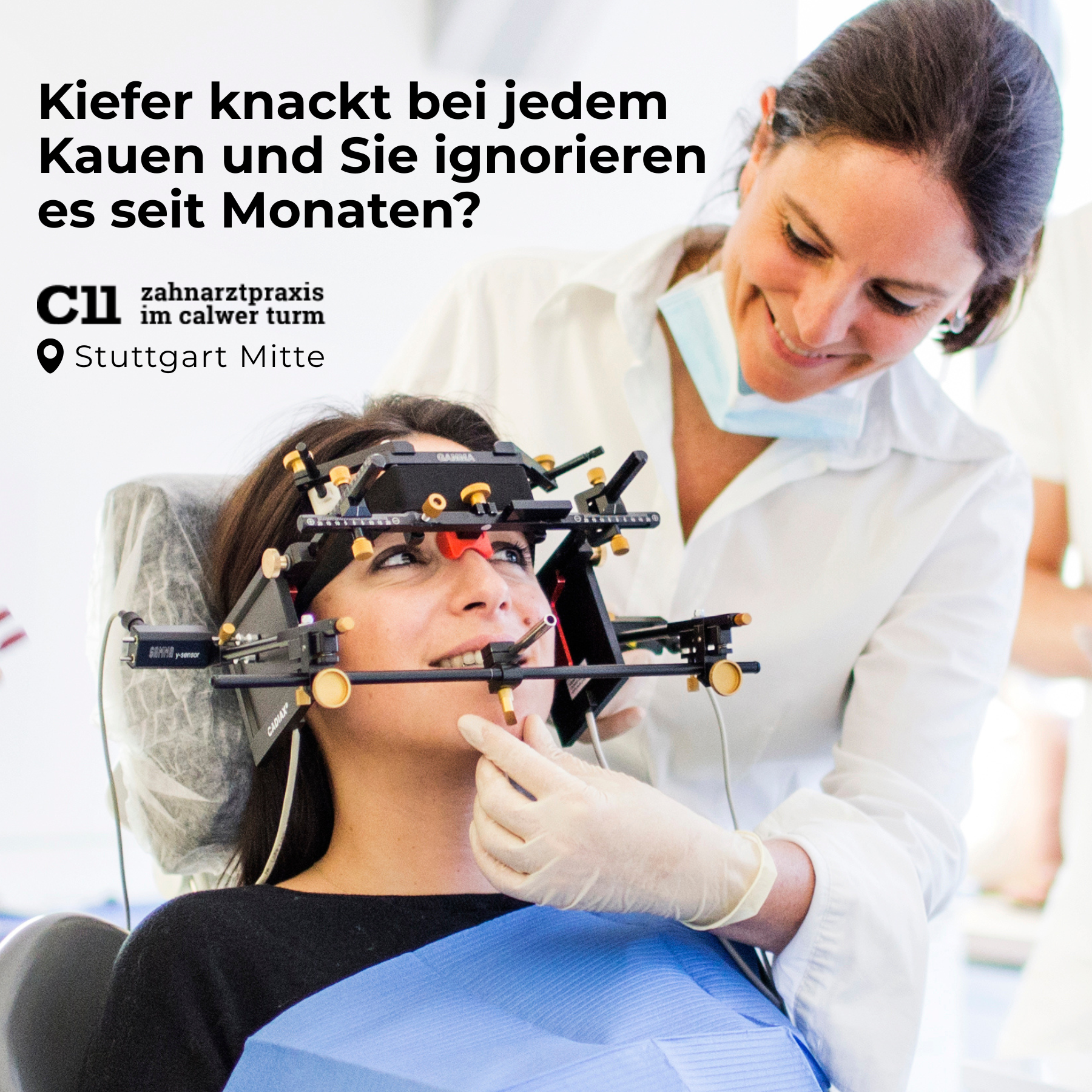 C11 Stuttgart - Zahnarztpraxis im Calwerturm, Dr. Angela Dergham MSc Facebook ad: Schluss mit Kopf-, Nacken- und Rückenschmerzen
