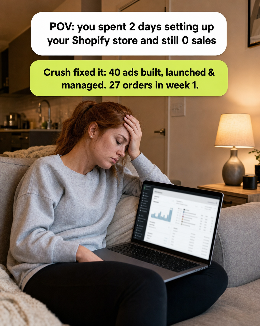 trycrush.ai Facebook ad: POV: 2 days on Shopify, still 0 sales
