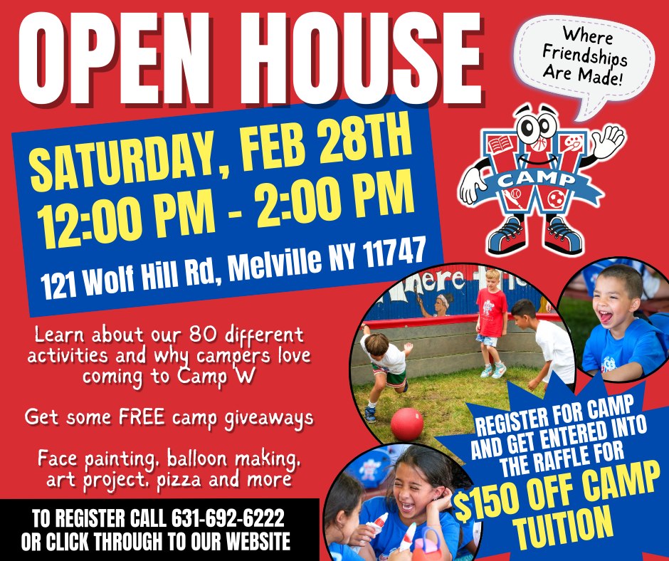 Camp W Day Camp Facebook ad: Open House RSVP - Camp W Day Camp Long Island Summer Camp…