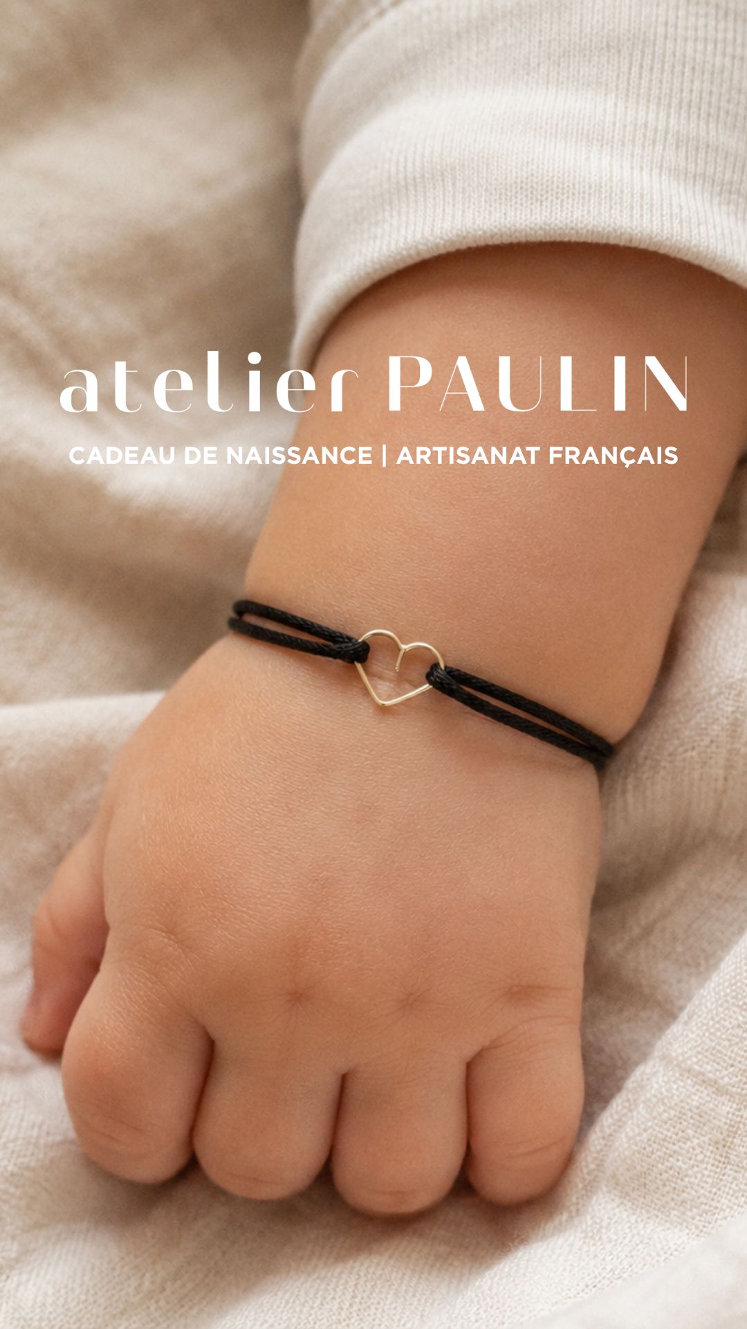 Atelier Paulin Facebook ad: Le prénom de votre bébé, façonné en fil d’or.