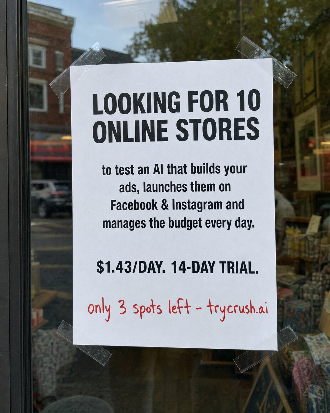 trycrush.ai Facebook ad: Looking for 10 online stores