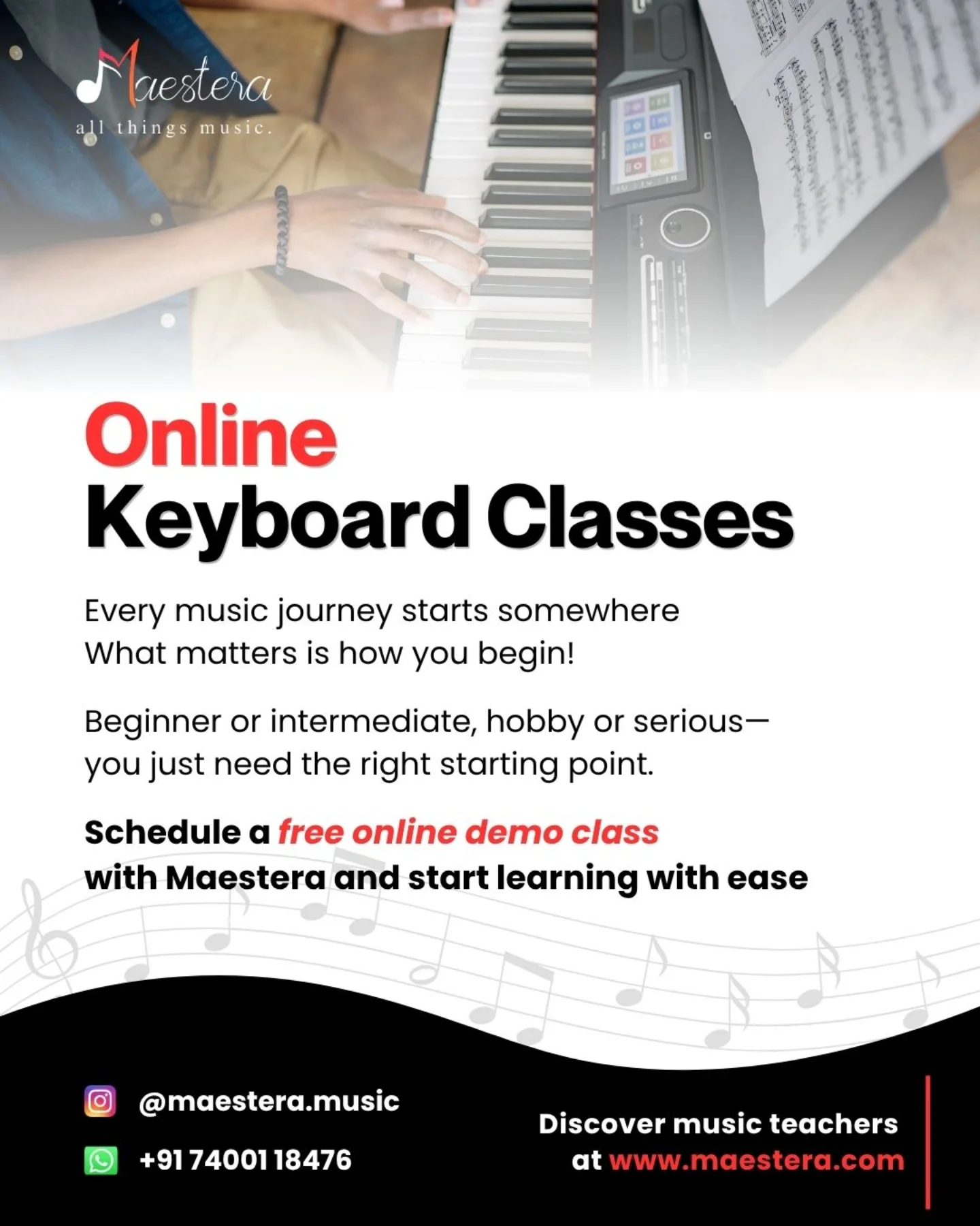 Maestera Music Facebook ad: Looking to learn the keyboard from the comfort…
