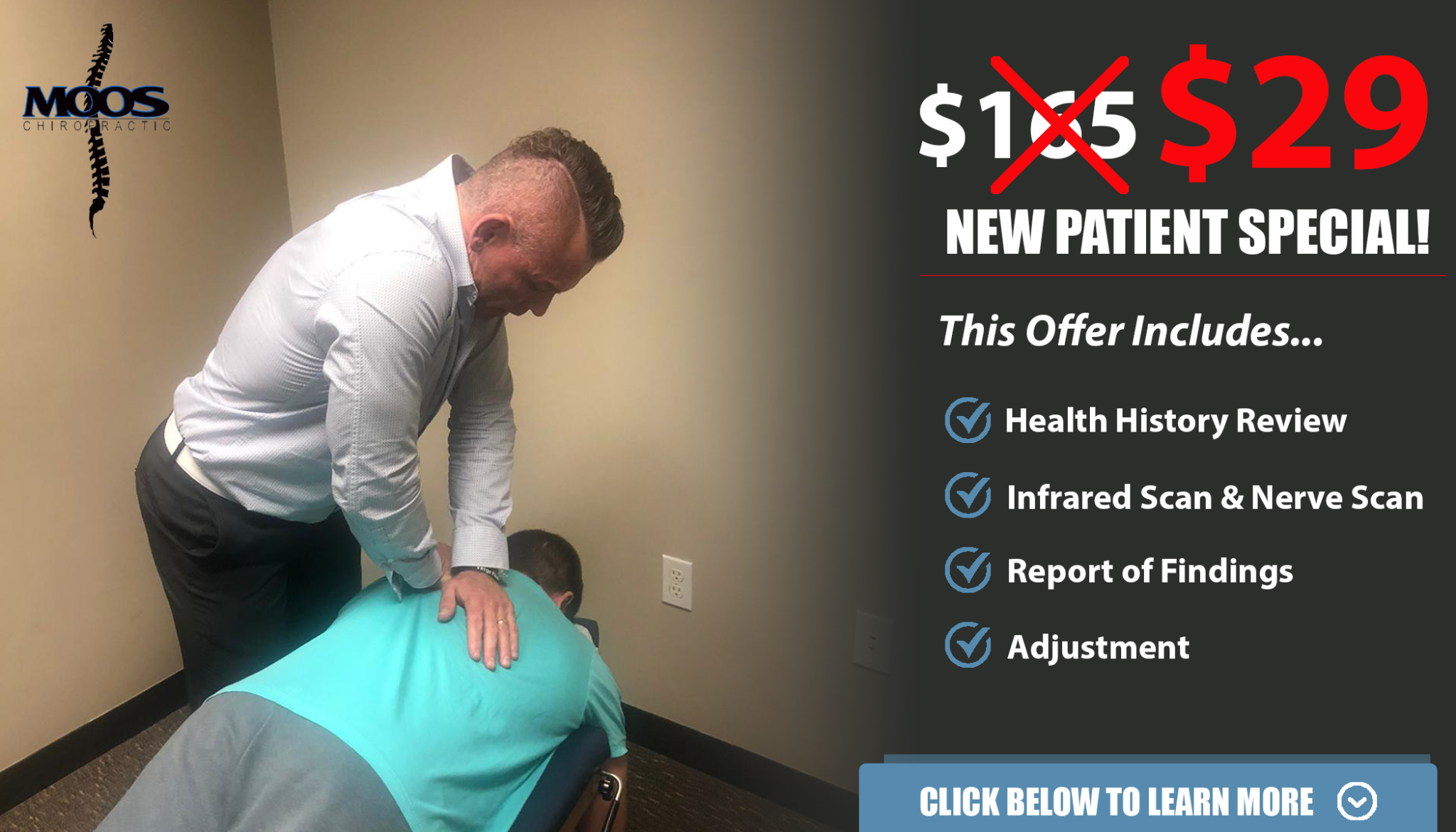 Moos Family Chiropractic Facebook ad: $29 Chiropractic Exam & Adjustment ($165 Value)