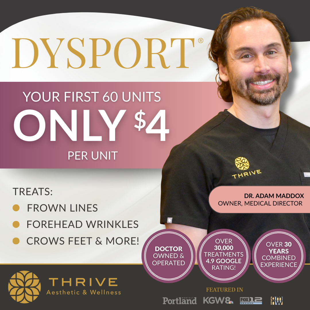 Thrive Aesthetic & Wellness Facebook ad: Get your First 60 Units of Dysport for ONLY $4/unit!