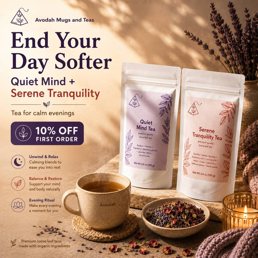 Avodah Mugs and Teas Facebook ad: Wellness Teas. Rooted in Balance.