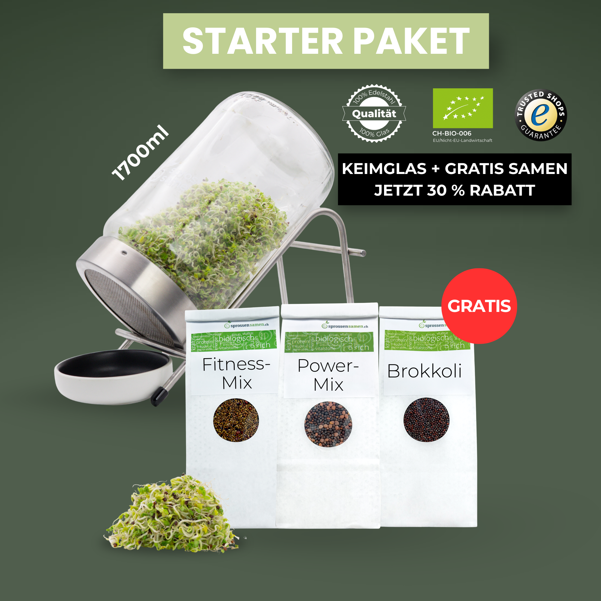Sprossensamen by naturwerker Facebook ad: Frische Sprossen selbst ziehen mit 30% Ersparnis.