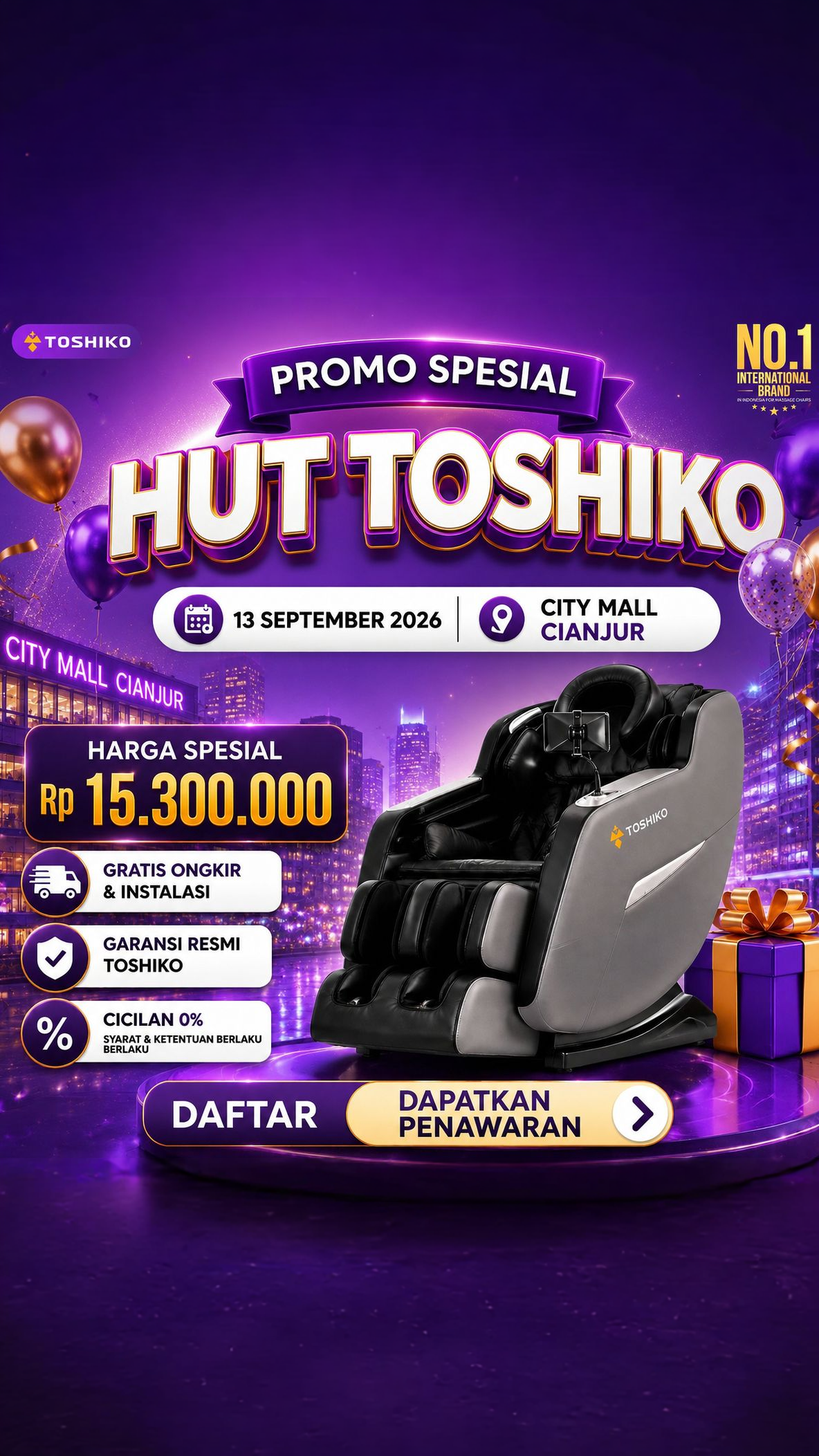 Kursi Pijat Mewah Toshiko Di City Mall Cianjur Facebook ad: PROMO SPESIAL HUT TOSHIKO Harga Spesial Hanya Rp15.300.000…