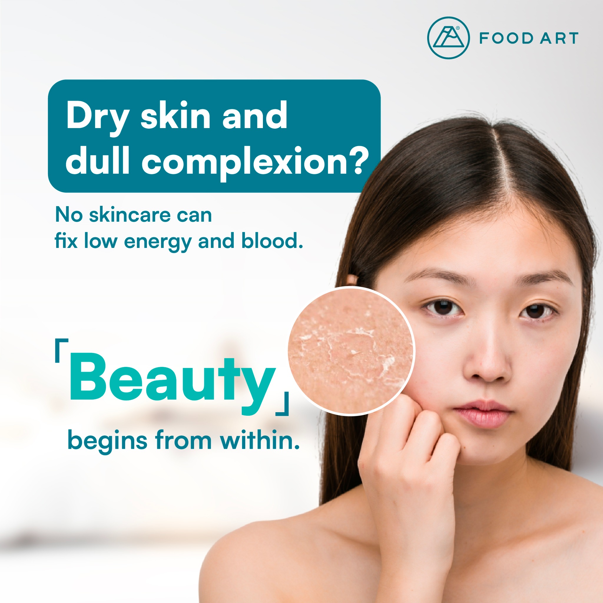 Food Art Store Facebook ad: Dull skin?Dry patches?Zero radiance?